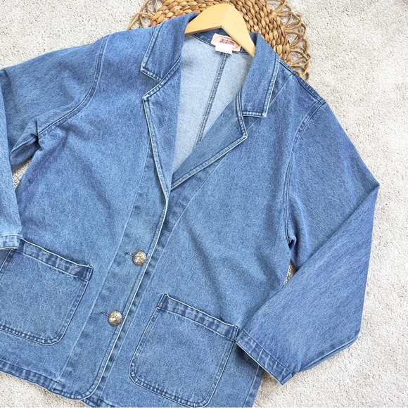 Apache Vintage Denim Single Breasted Blazer Jean Jacket Blue Y2K 80s Size L - Picture 2 of 10